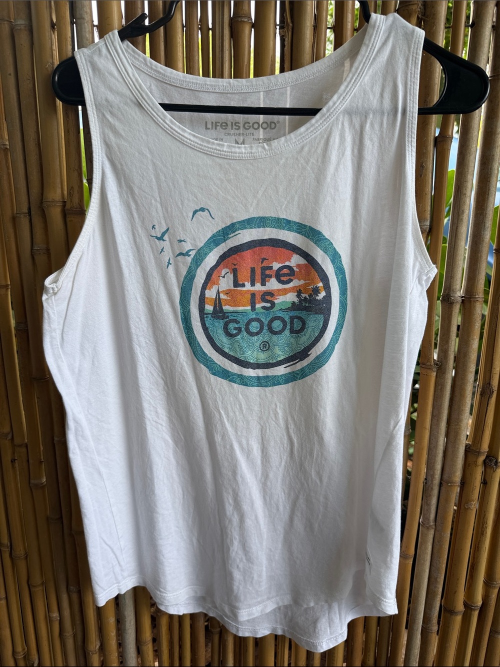Life Is Good White Tank with Teal & Orange Sunset Graphic